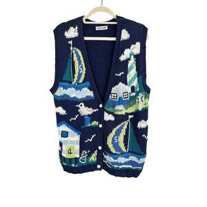 Vintage Hand Knit Sweater Vest Blue L Nautical Whimsical 90s Colorful Maritime